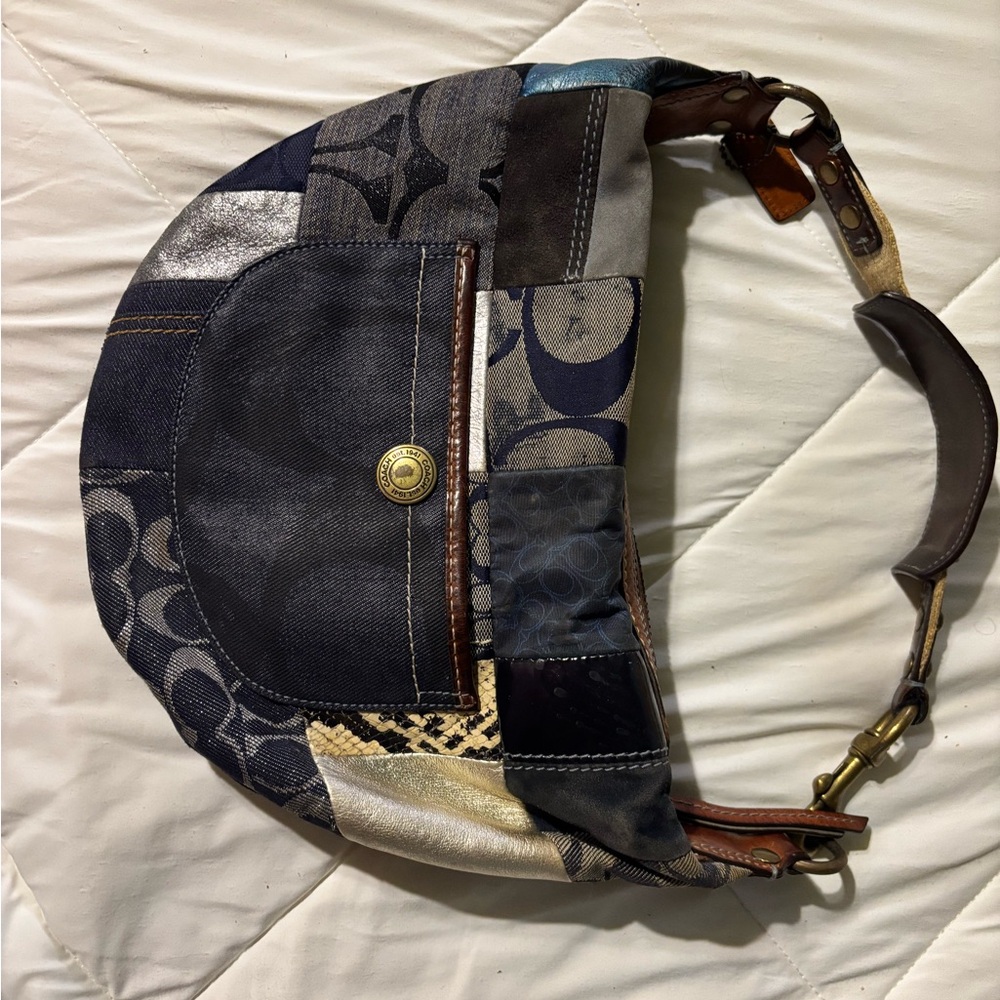 Coach Patchwork Hobo Bag - Blue, Brown, Silver